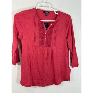 Chaps Lace Trim Top 3/4 Sleeve Button Up Blouse Casual Red Size L